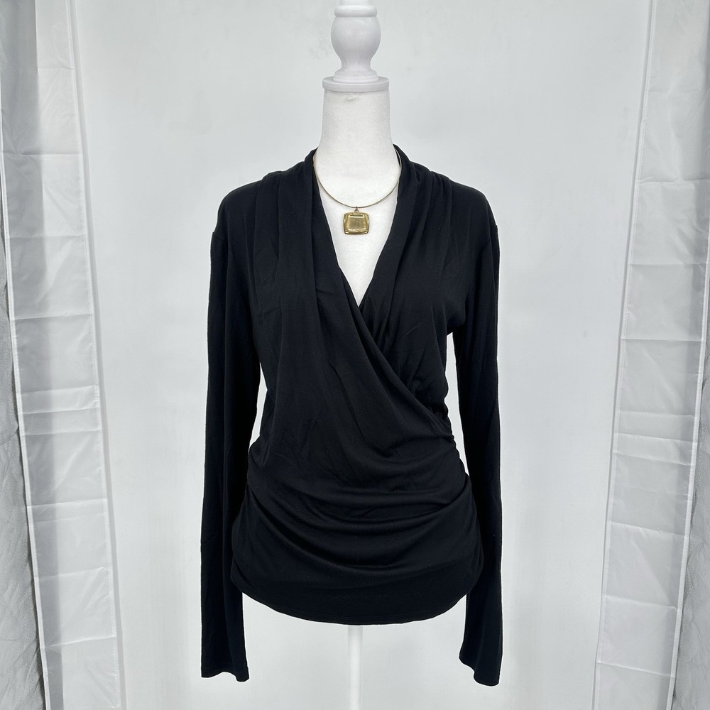 Paule Ka Paris Women M‎ Black Wrap Top Jersey Blouse Elegant Minimalist Office